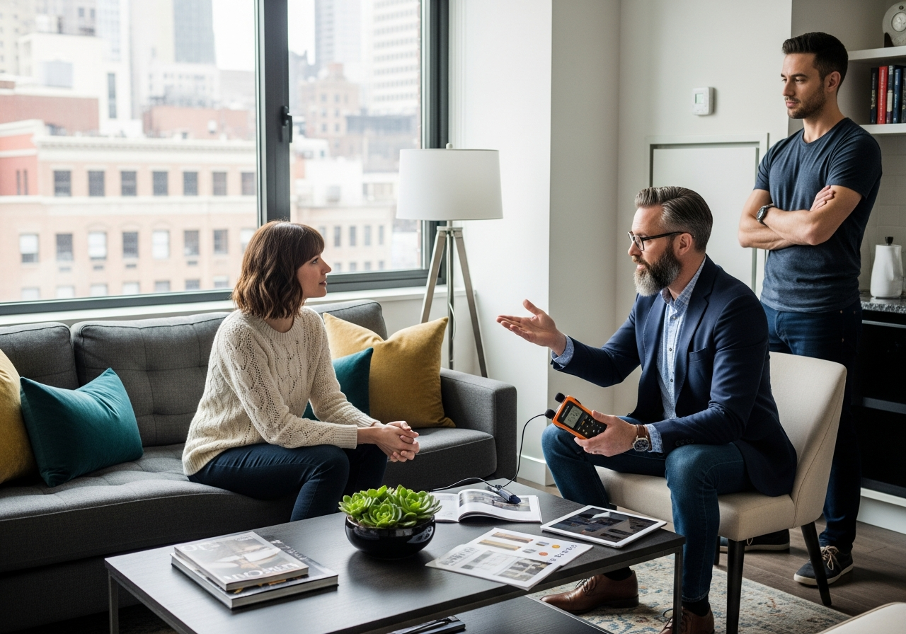 Soundproofing consultant discussing noise-measurement results with homeowners in a city apartment.